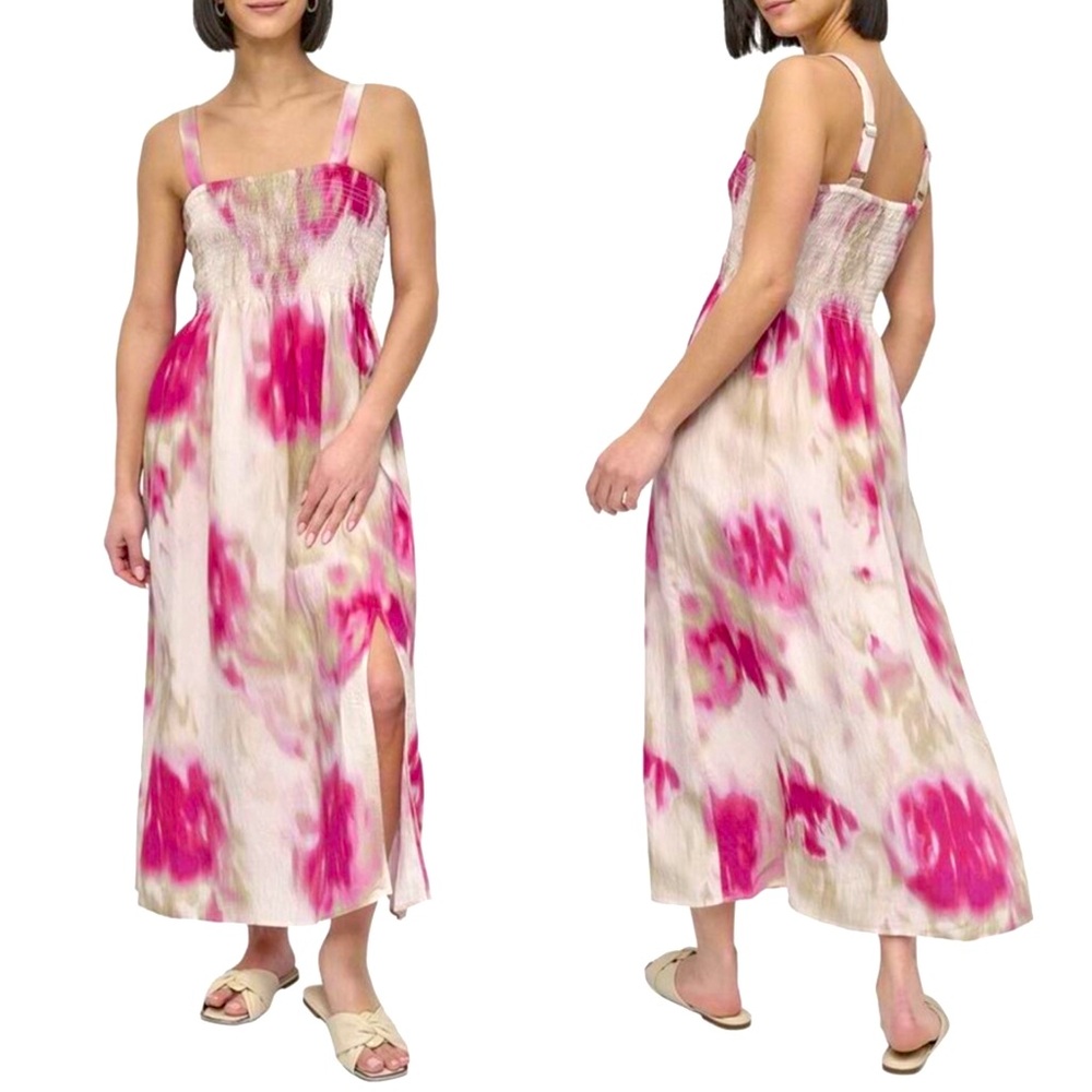 DKNY White/Pink/Tan Watercolor Floral Maxi Dress